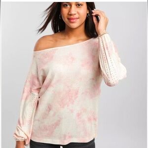 Daytrip Off-Shoulder Pink and White Sweater